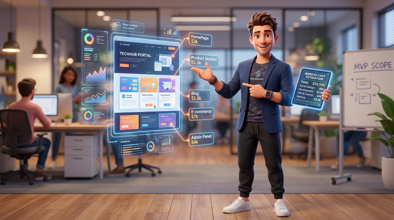 3D cartoon tech entrepreneur presenting business website development cost estimations on a digital tablet with interactive floating UI mockups