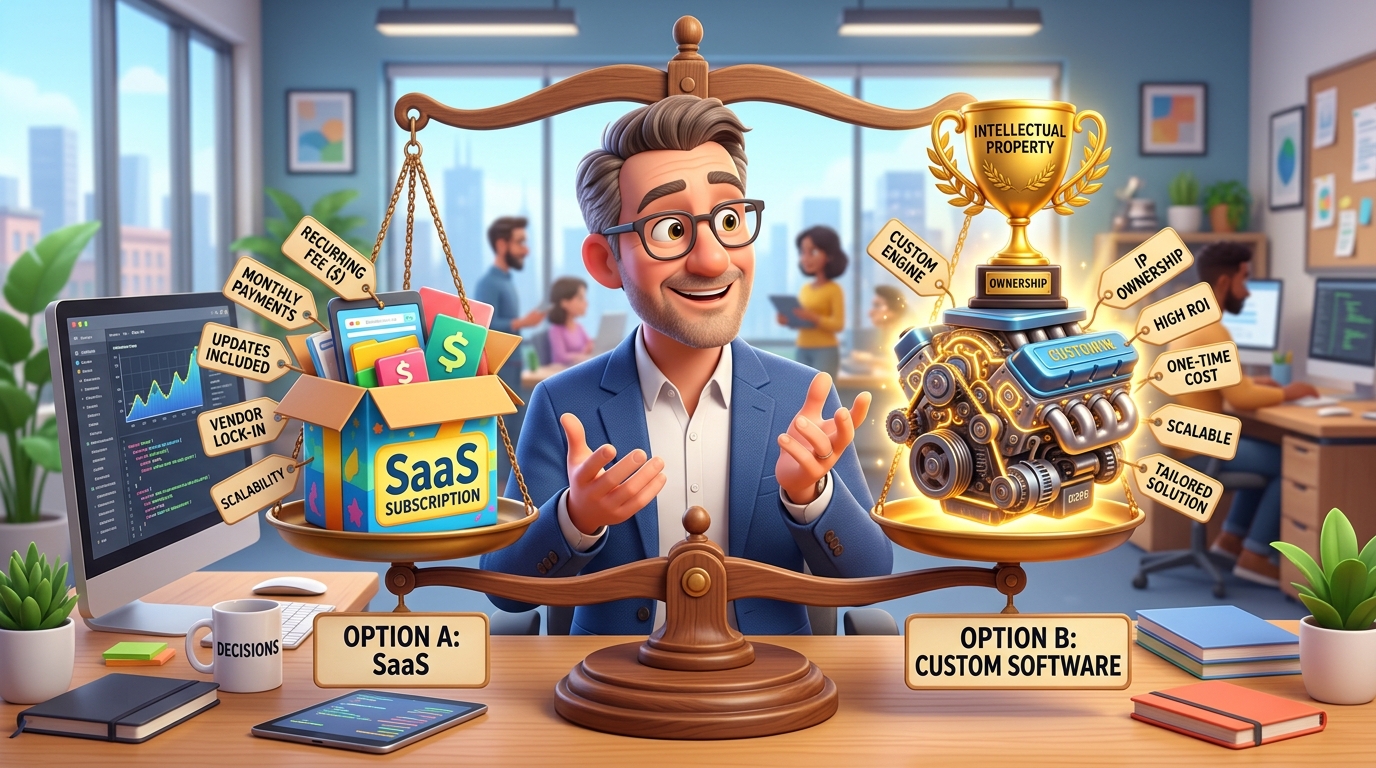 3D cartoon executive at office desk weighing SaaS subscription box versus custom software engine with intellectual property trophy on a balance scale