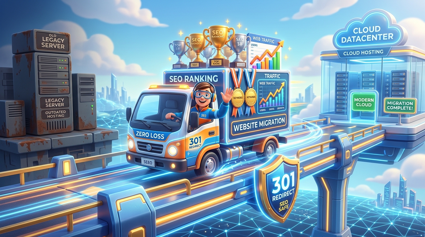 Friendly cartoon driver transporting SEO ranking trophies safely across a 301 redirect bridge to modern cloud datacenter with zero loss