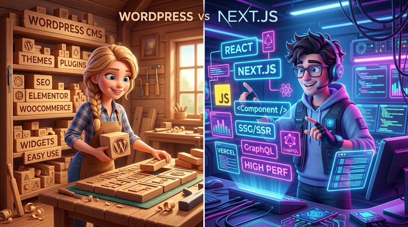 3D stylized cartoon comparison of WordPress CMS wooden block craft workshop versus custom Next.js neon React lab